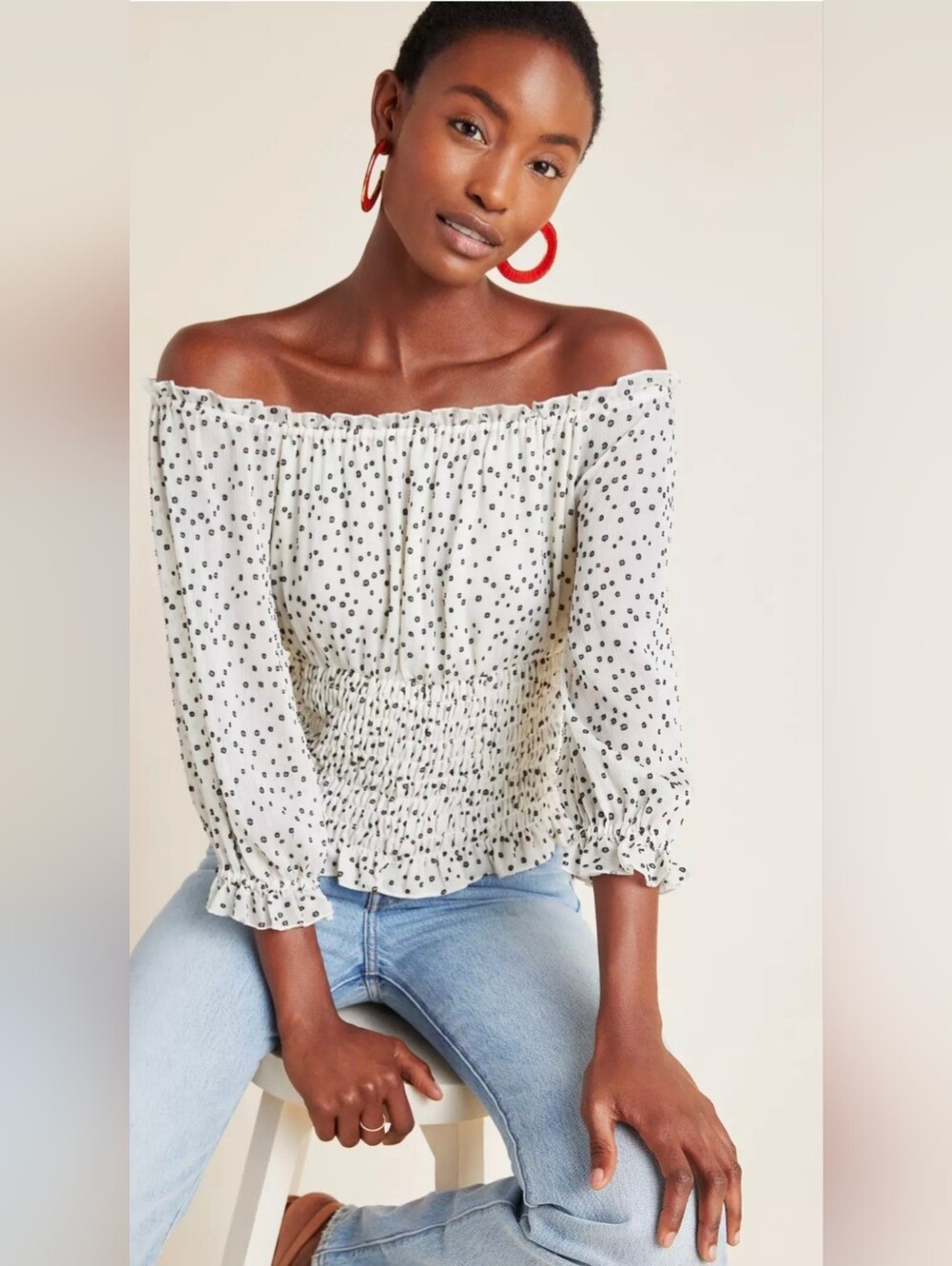 Anthropologie NWT  Lucia Off-The-Shoulder Ivory And Black Blouse Small